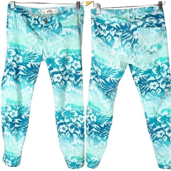 Hollister Skinny Jeans 5 Waist 27 Turquoise Blue Tropical Print Denim Stretch - Picture 1 of 6